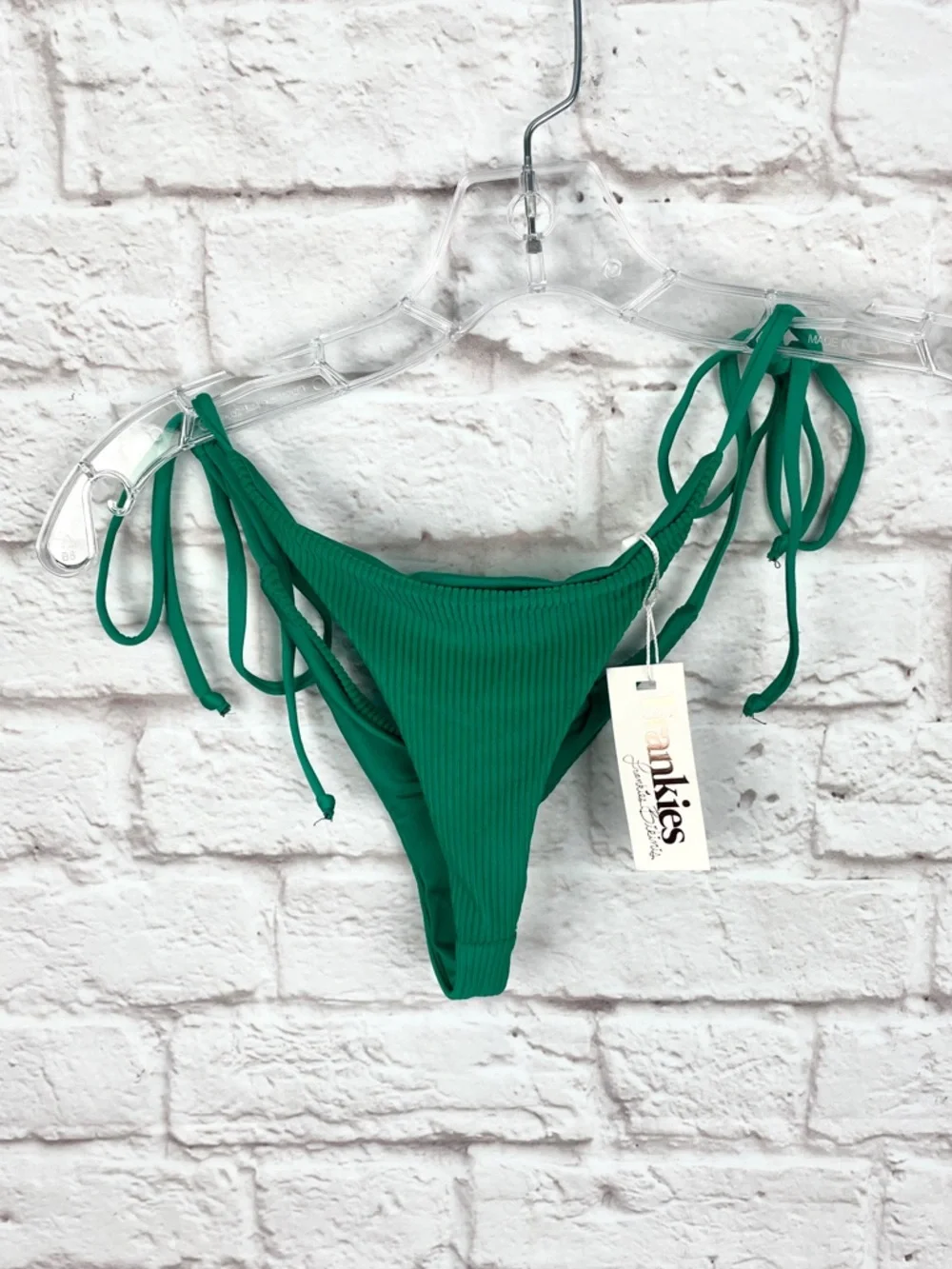 Frankies Bikini's Sky Green Ribbed Tie-Side String Micro Bikini Bottom Size M